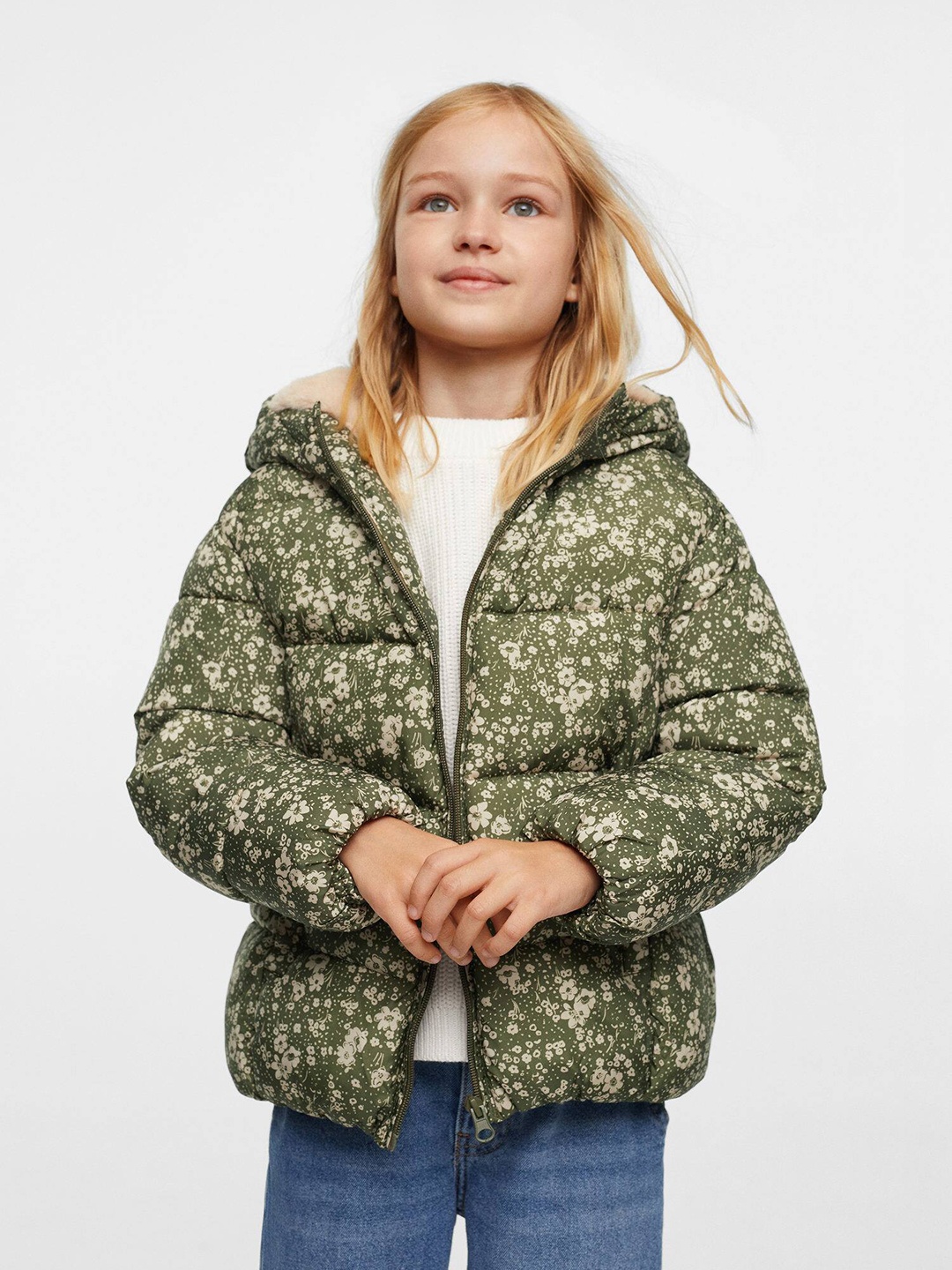 

Mango Kids Girls Floral Printed Sustainable Puffer Jacket, Olive