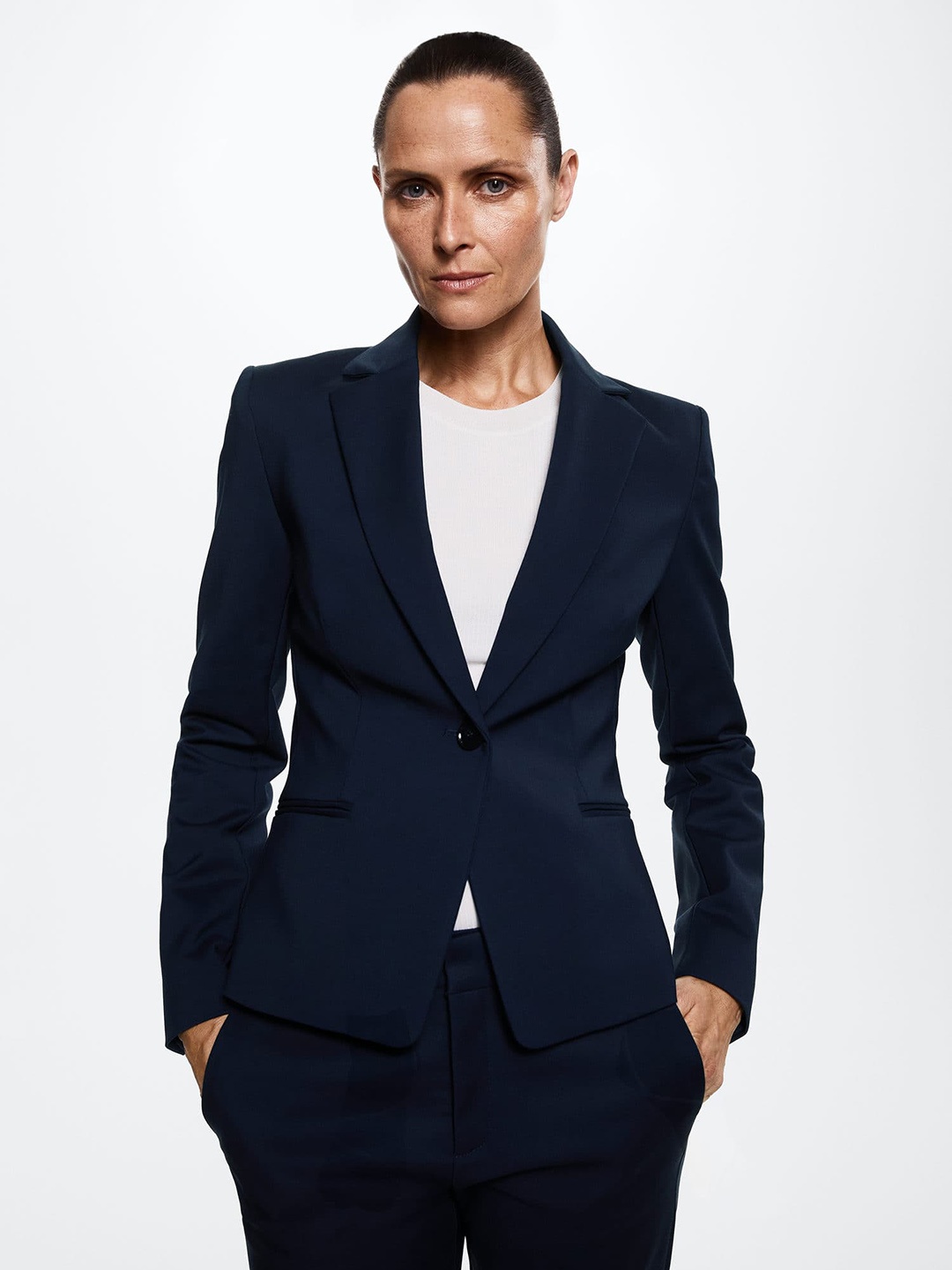 

MANGO Women Navy Blue Notched Lapel Solid Single-Breasted Sustainable Tailored Blazer