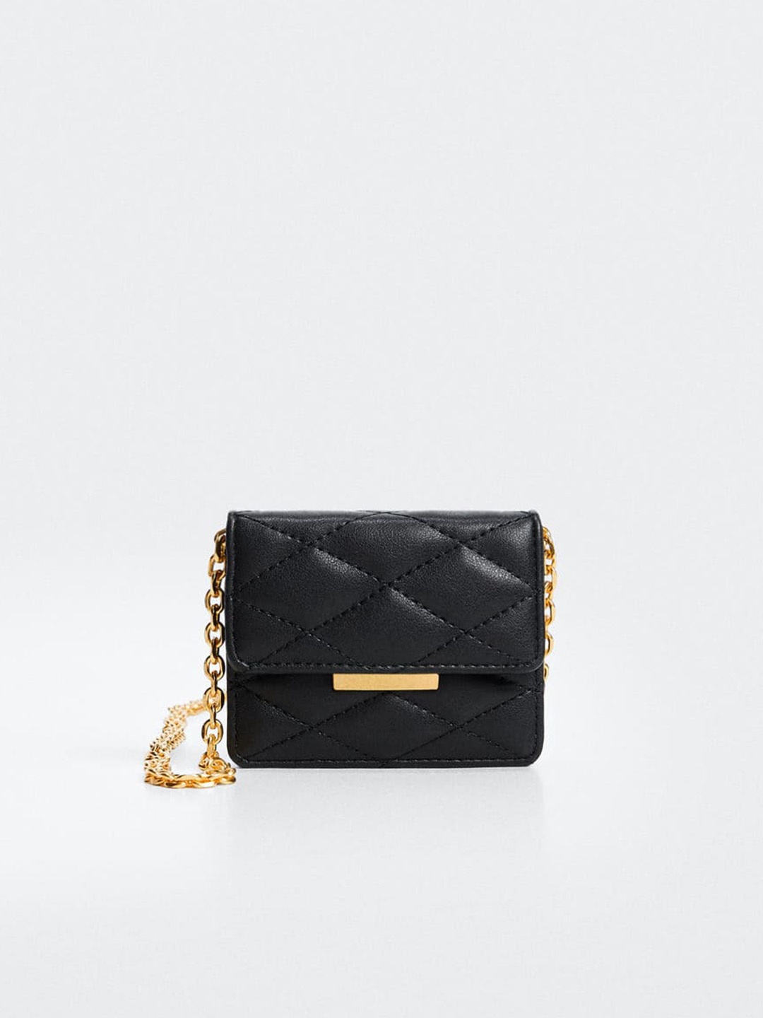 

MANGO Women Black Solid Quilted Card Holder with Non Detachable Sling Strap