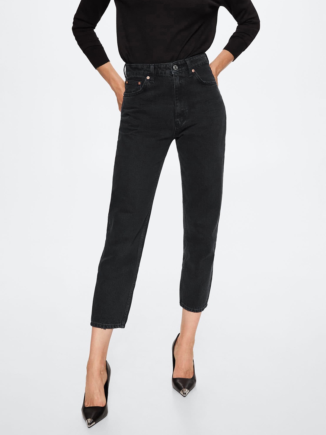 

MANGO Women Black Mom Fit High-Waist Sustainable Jeans