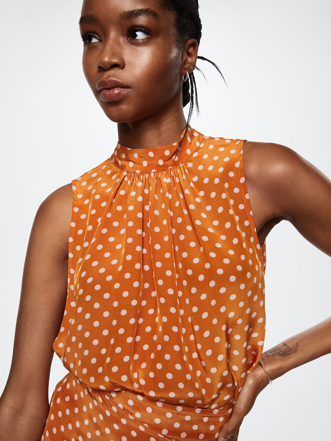 

MANGO Rust Orange & White Print Mandarin Collar Top