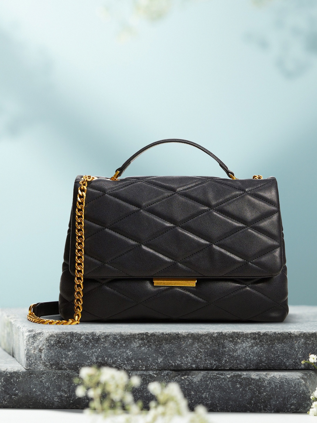 

MANGO Black Solid Structured Shoulder Bag with Quilted Detail