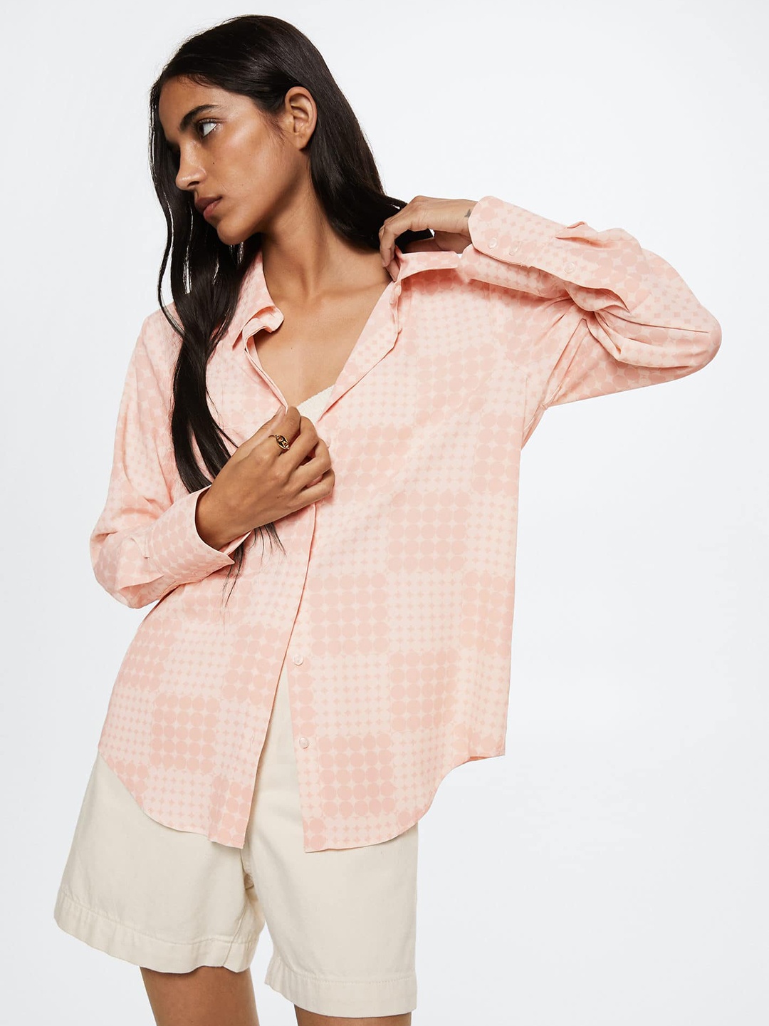 

MANGO Women Off White & Pink Printed Casual Shirt