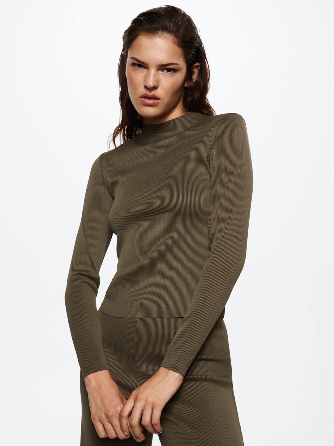 

MANGO Olive Green Ribbed Sustainable Top