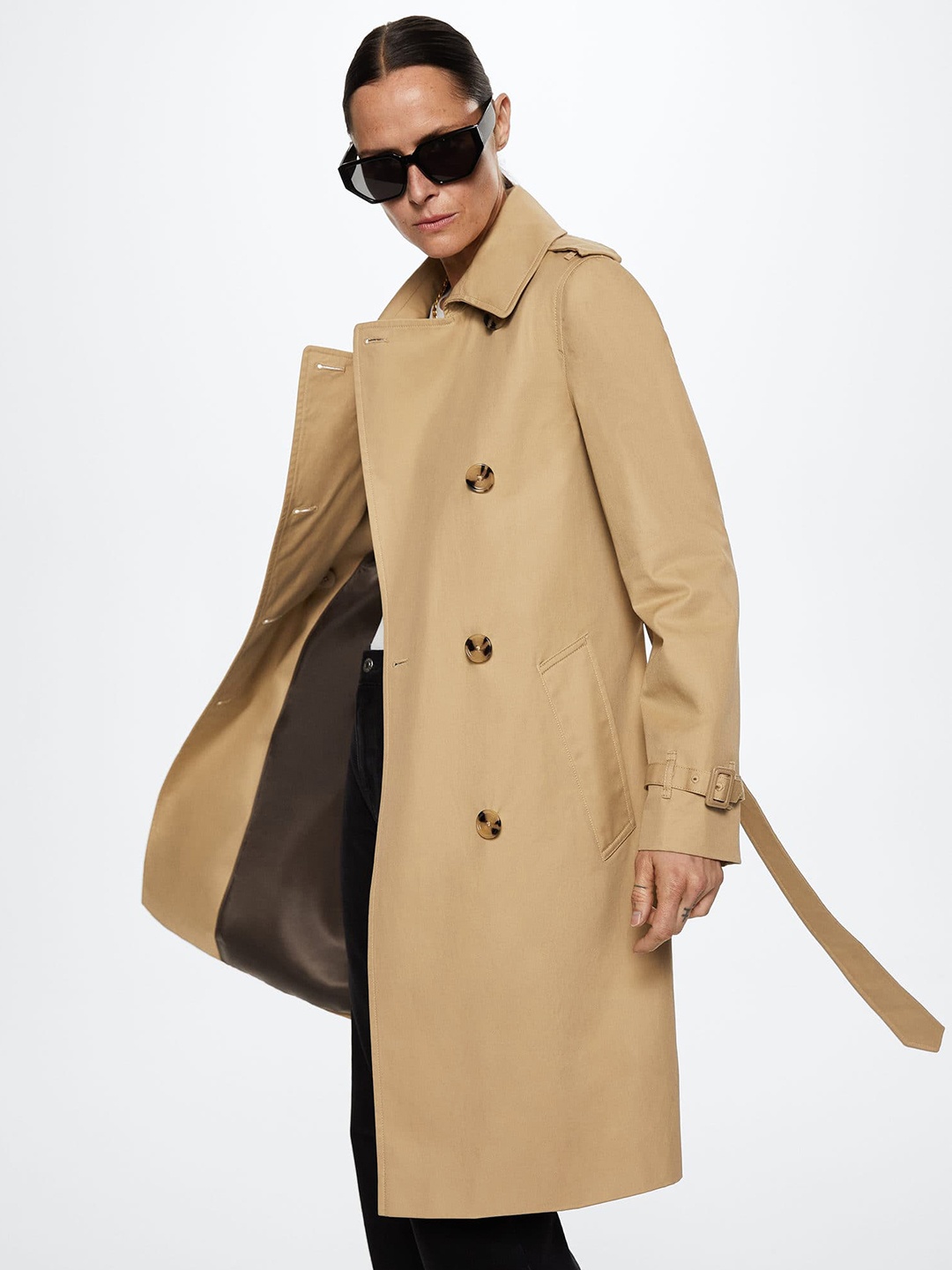 

MANGO Women Beige Solid Double-Breasted Longline Sustainable Trench Coat