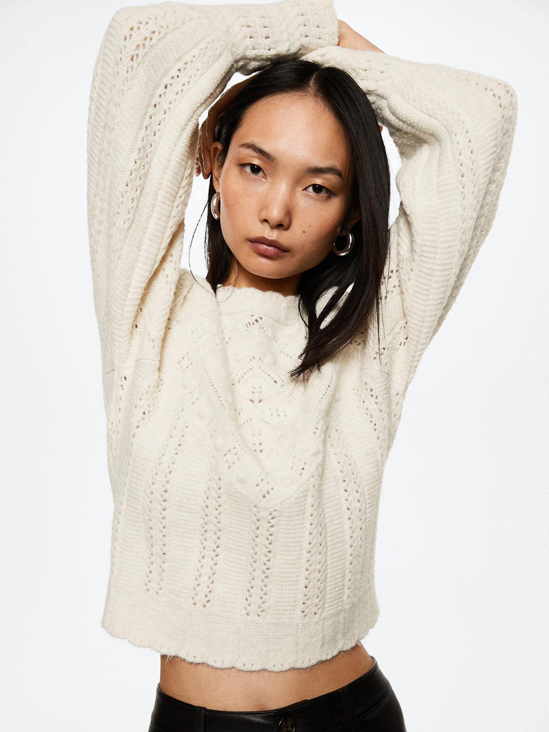 

MANGO Women White Open Knit Pullover