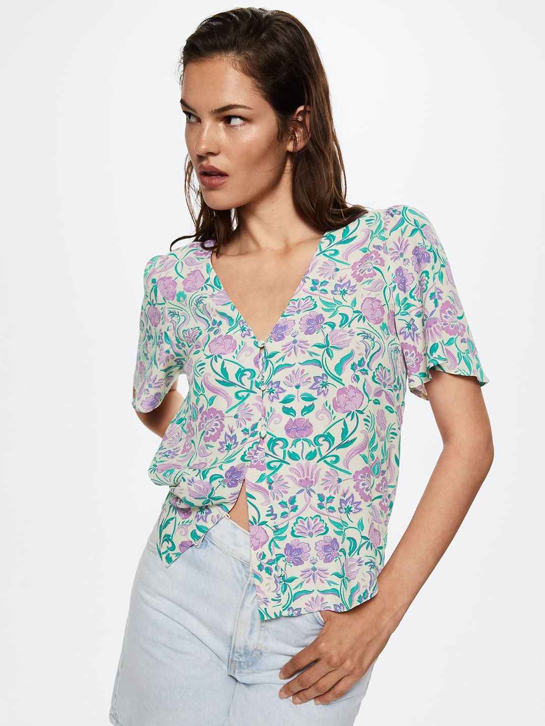 

MANGO Green & Lavender Floral Print Top