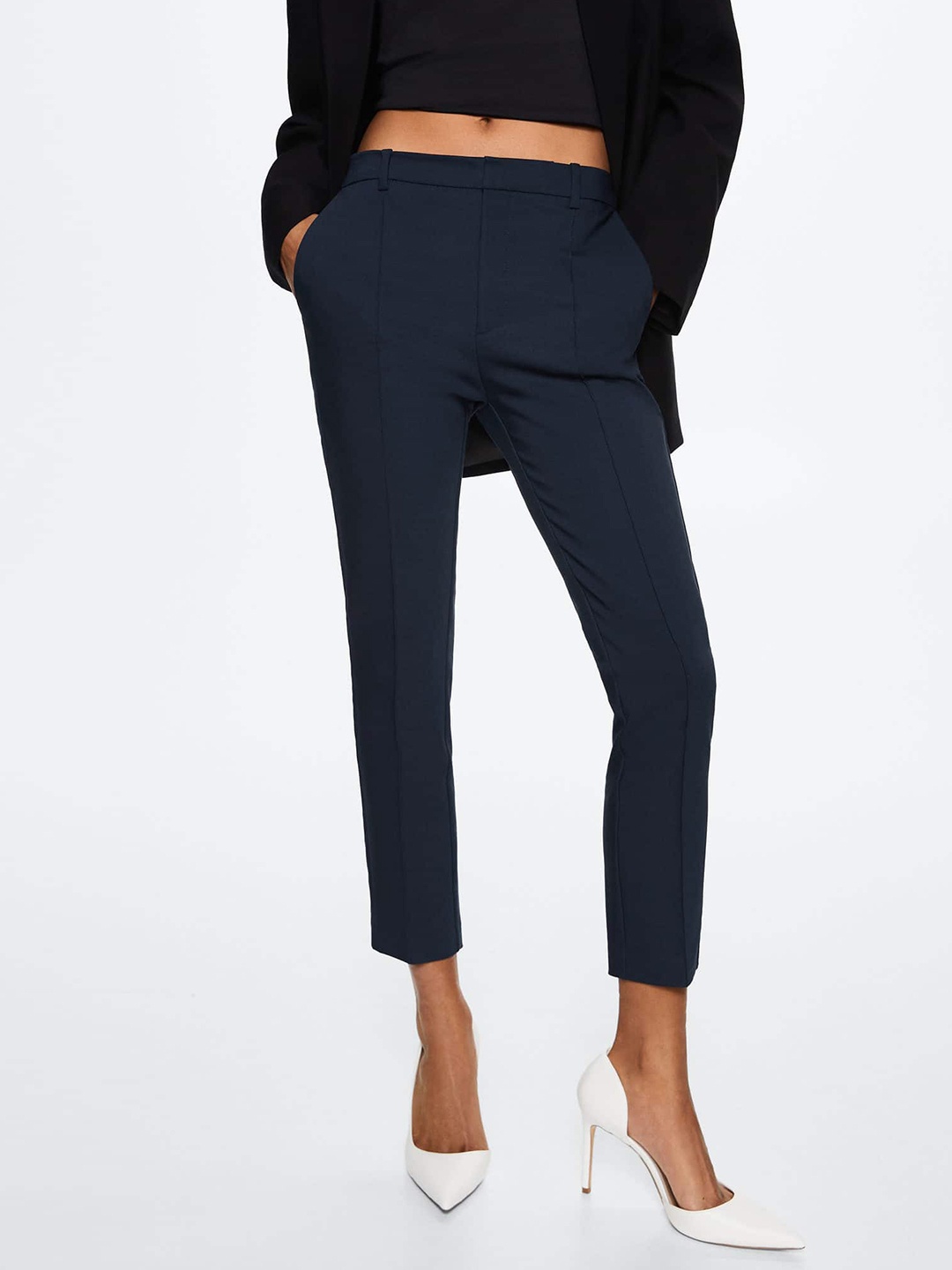 

MANGO Women Navy Blue Solid Cropped Trousers