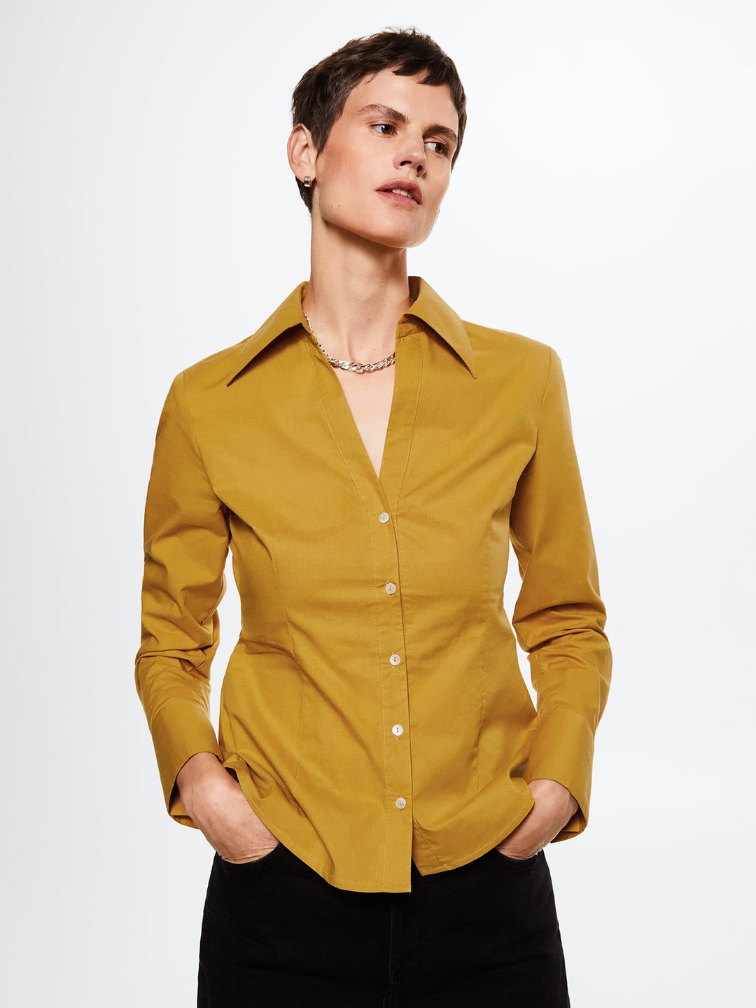 

MANGO Women Mustard Yellow Solid Cotton Casual Shirt