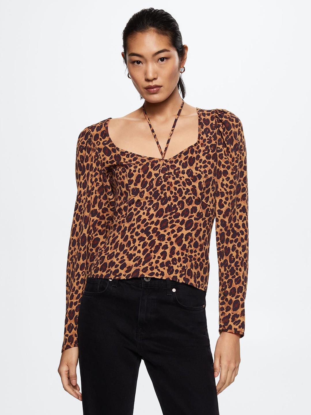 

MANGO Brown & Black Animal Print Sweetheart Neck Top