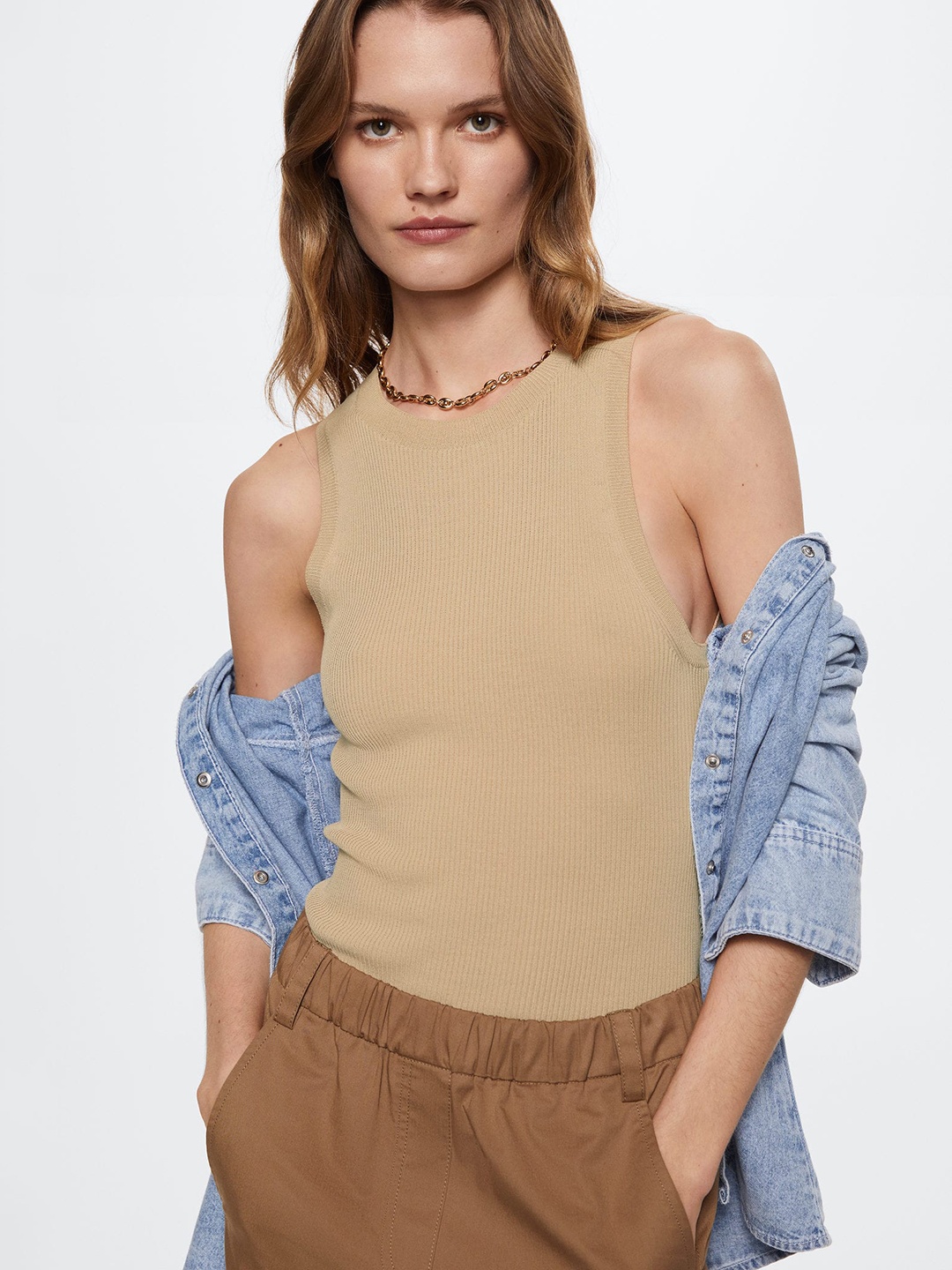 

MANGO Beige Ribbed Top