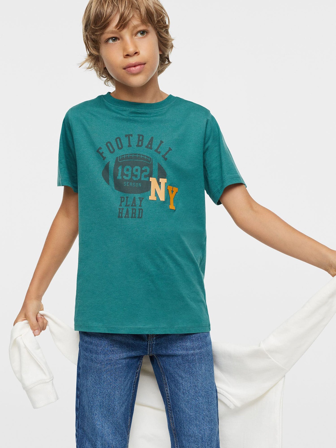 

Mango Kids Boys Green Pure Cotton Typography Printed Sustainable T-shirt