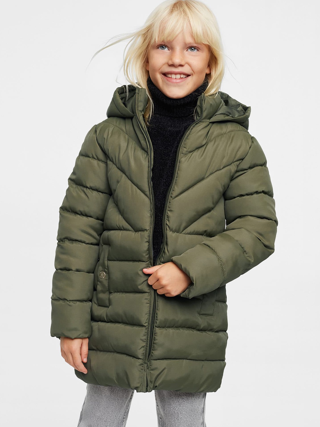 

Mango Kids Girls Sustainable Longline Puffer Hooded Jacket, Olive