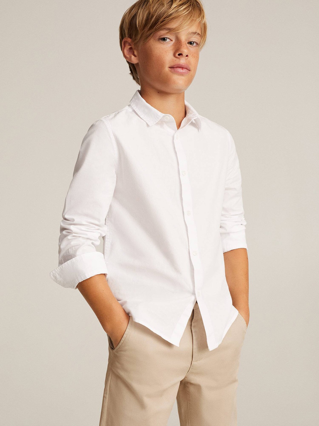 

Mango Kids Boys White Solid Pure Cotton Sustainable Casual Shirt