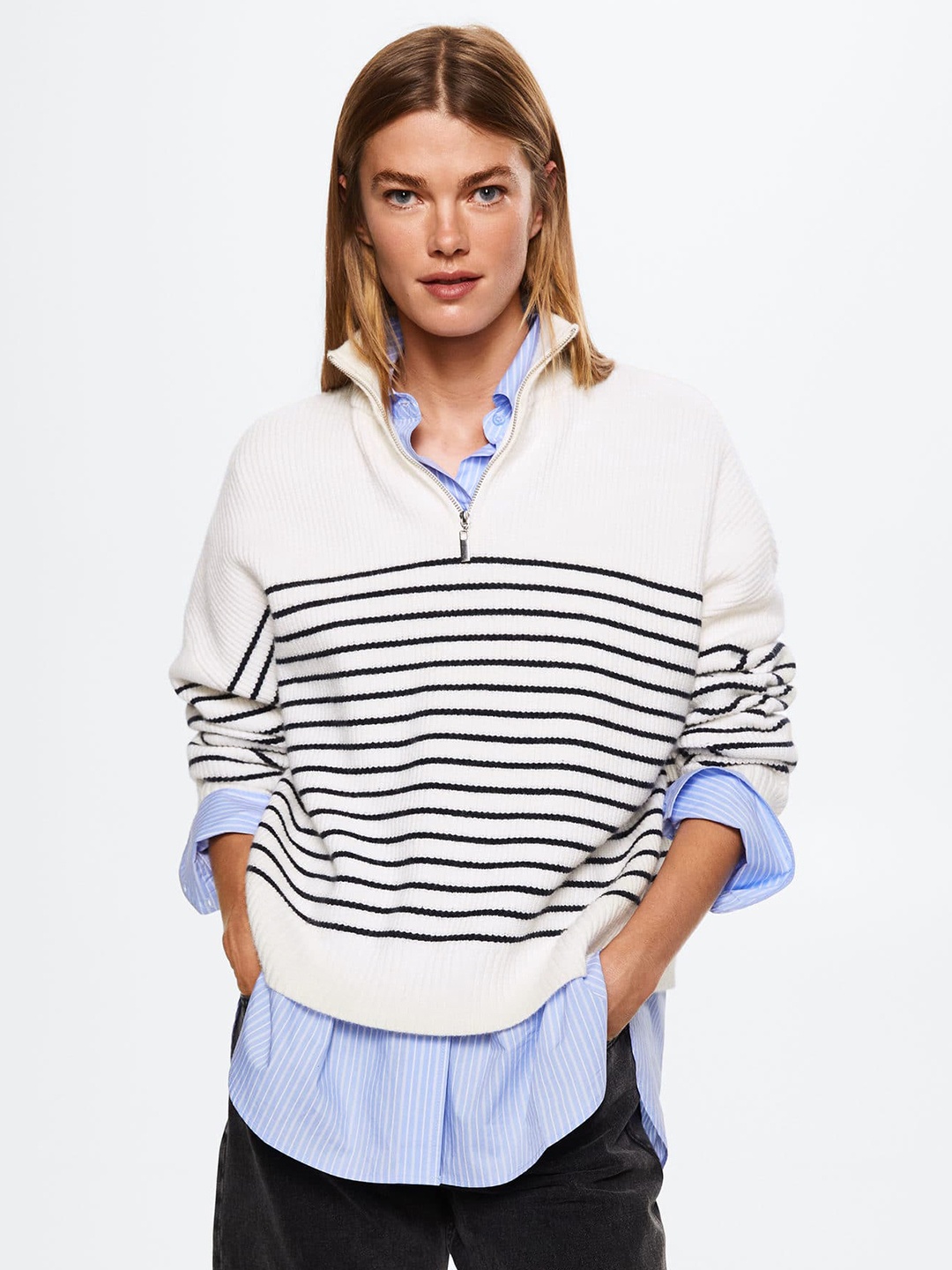 

MANGO Women White & Black Striped Sustainable Pullover