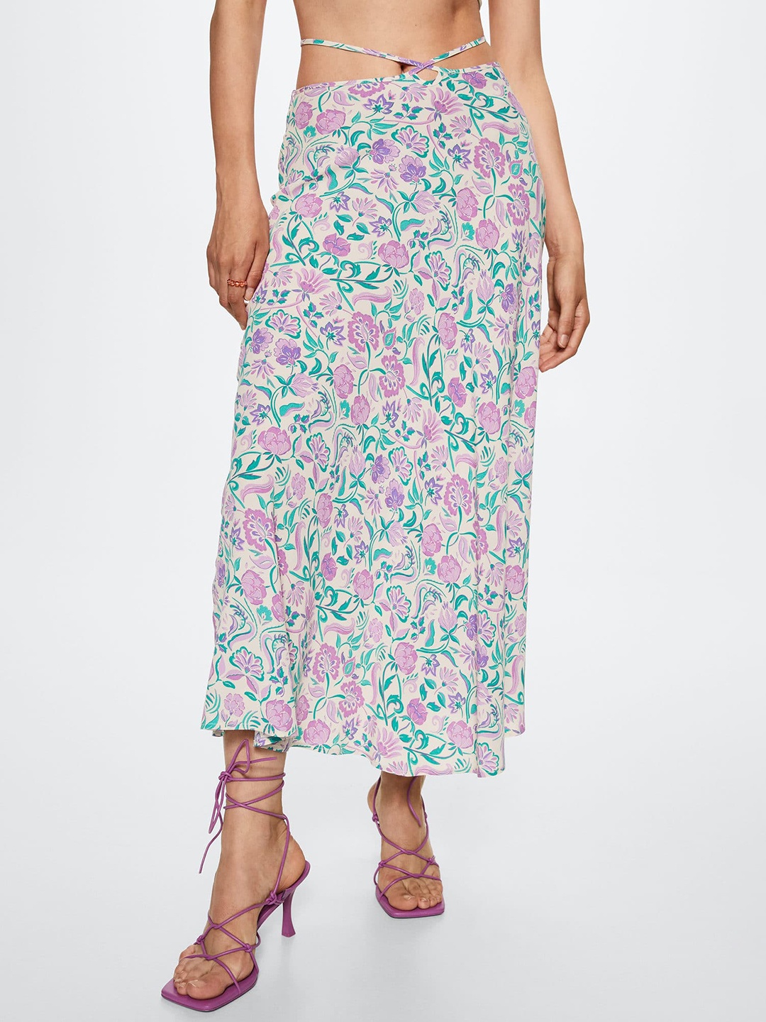 

MANGO Women Green & Pink Floral Printed Flared Midi Skirt