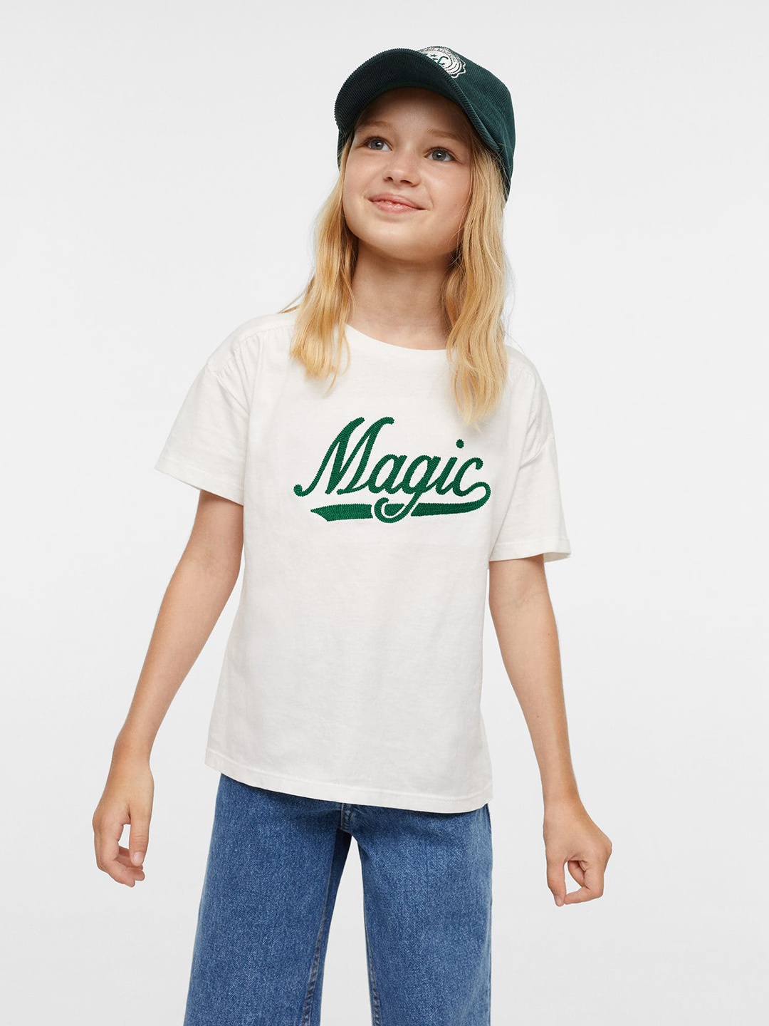 

Mango Kids Girls White & Green Applique Detail Pure Cotton Applique Sustainable T-shirt