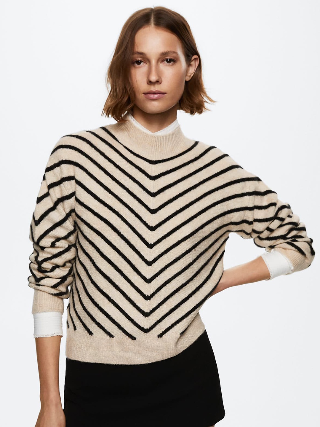 

MANGO Women Beige & Black Striped Knitted Pullover