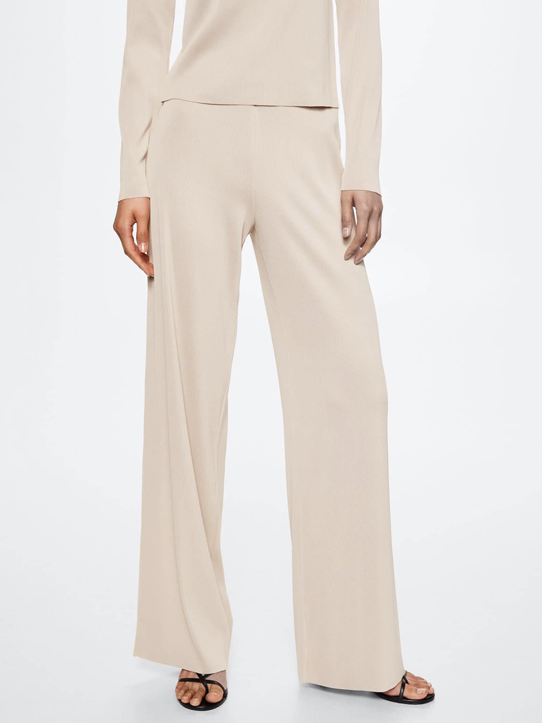 

MANGO Women Beige Solid Ribbed Pleated Parallel Trousers