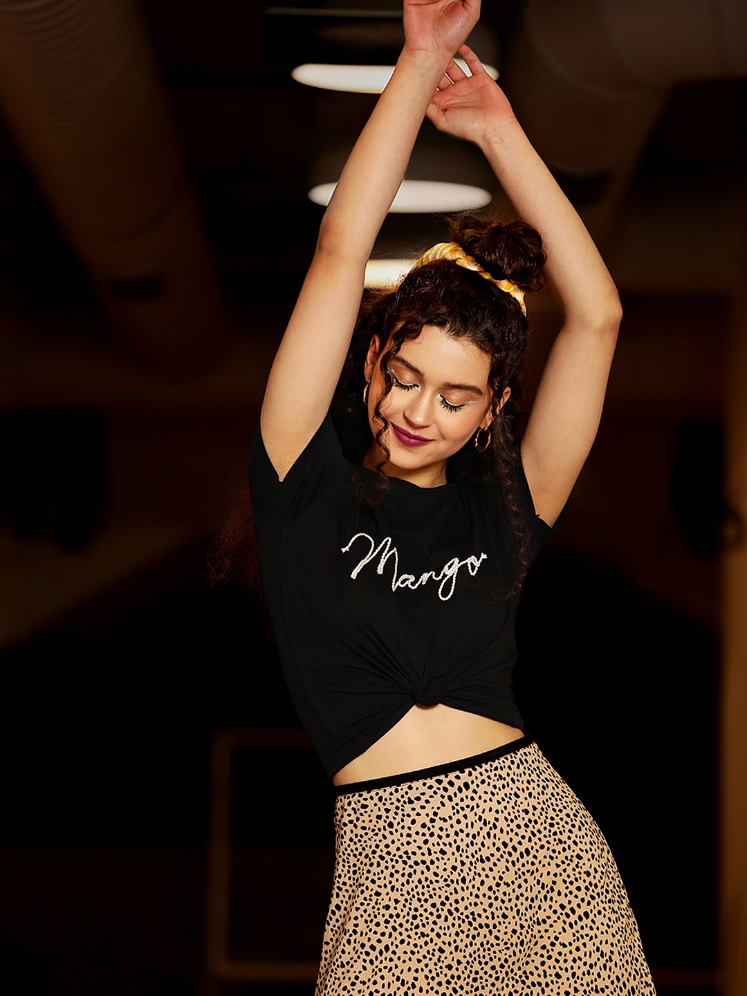 

MANGO Women Black & White Brand Logo Printed Pure Cotton T-shirt