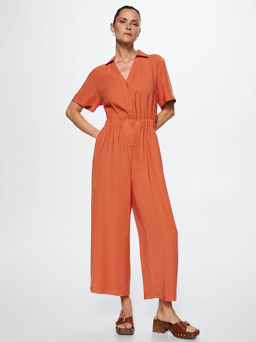 

MANGO Orange Solid Basic Shirt Collar Jumpsuit