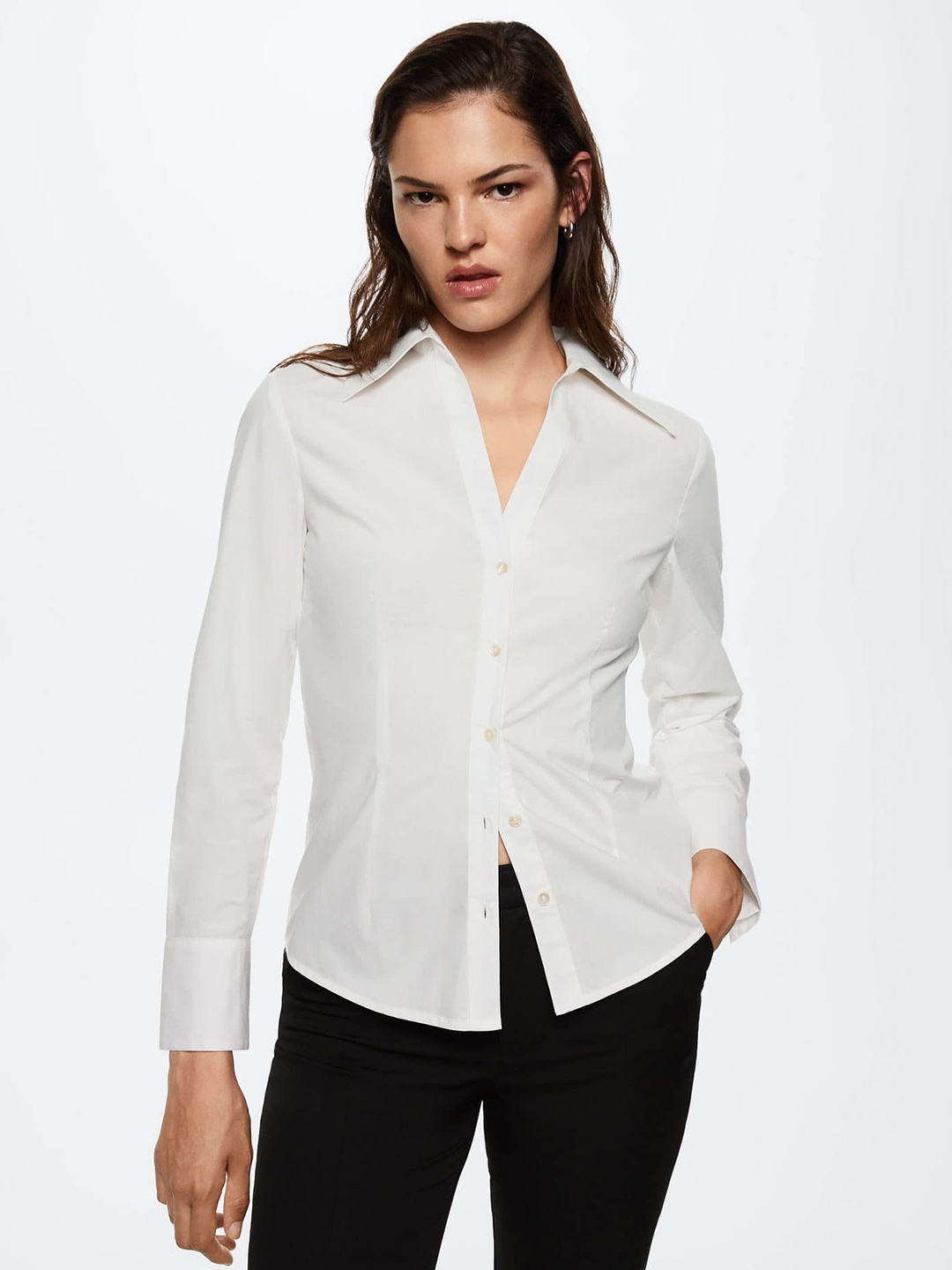 

MANGO Women White Solid Pure Cotton Casual Shirt