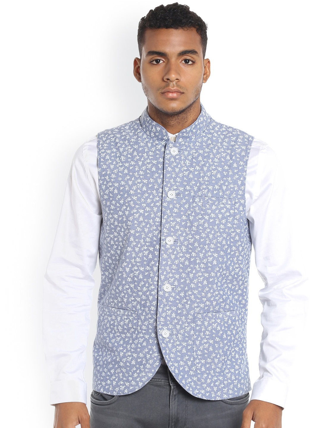 

Jack & Jones Men Blue Printed Pure Cotton Nehru Jacket