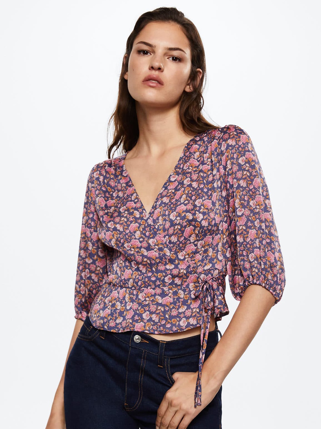 

MANGO Blue & Pink Floral Print Wrap Top