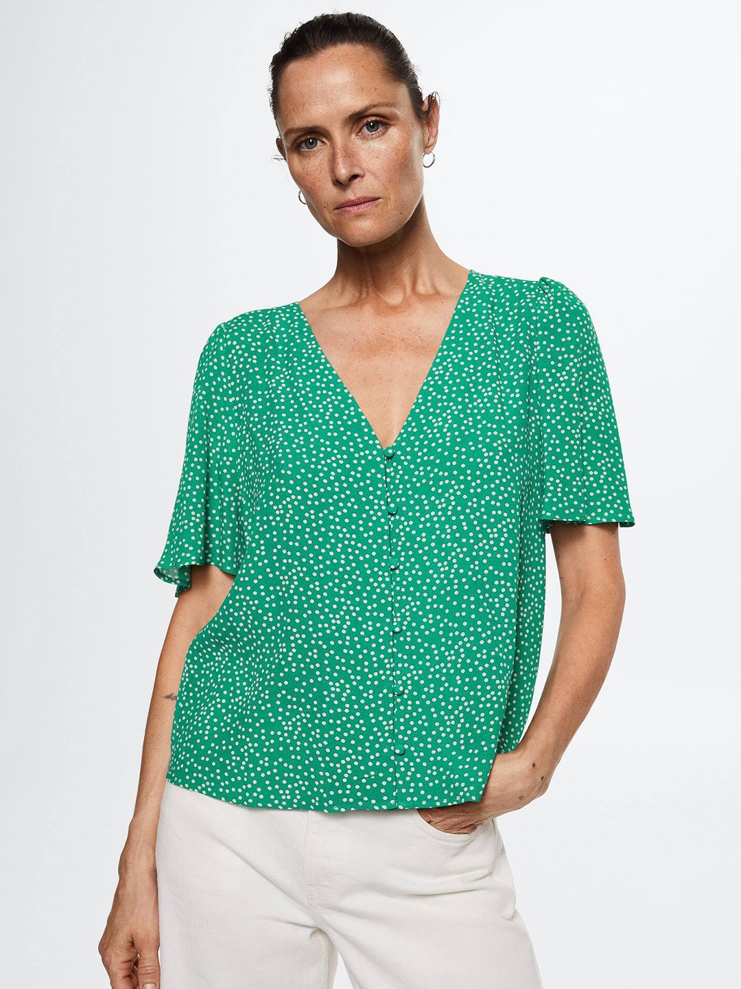 

MANGO Sea Green & White Polka Dots Print Flowy Top