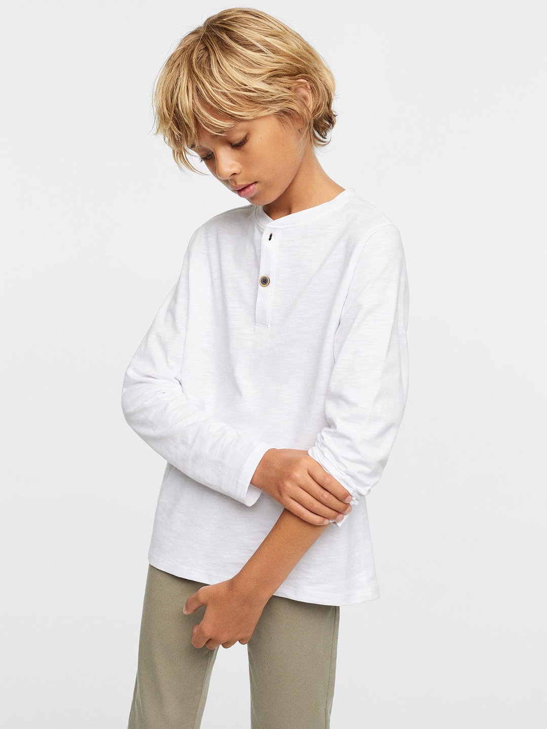 

Mango Kids Boys Solid Pure Cotton Sustainable Henley Neck T-shirt, White