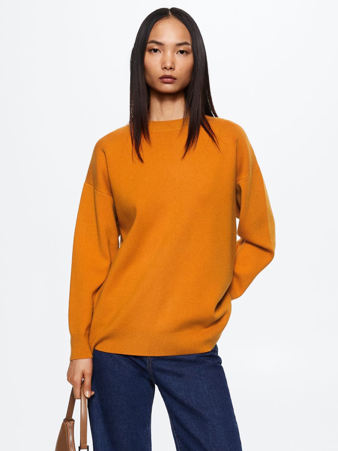 

MANGO Women Rust Orange Oversized Knit Drop-Shoulder Sleeves Pullover
