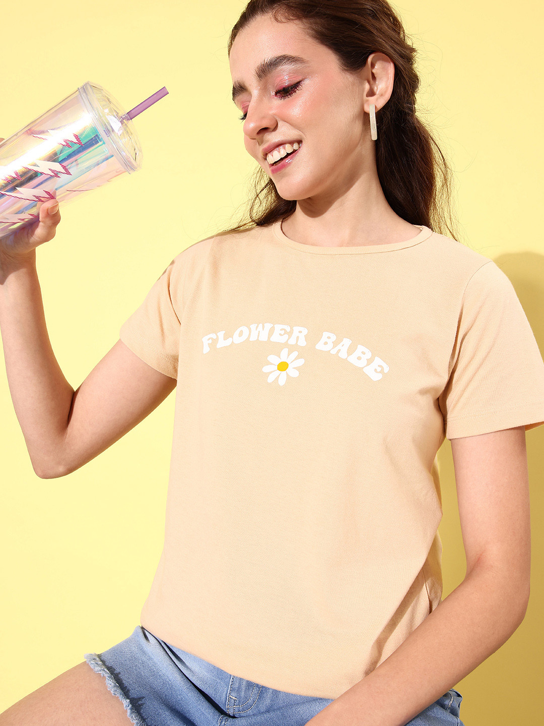 

HERE&NOW Women Taupe Typography Print T-shirt