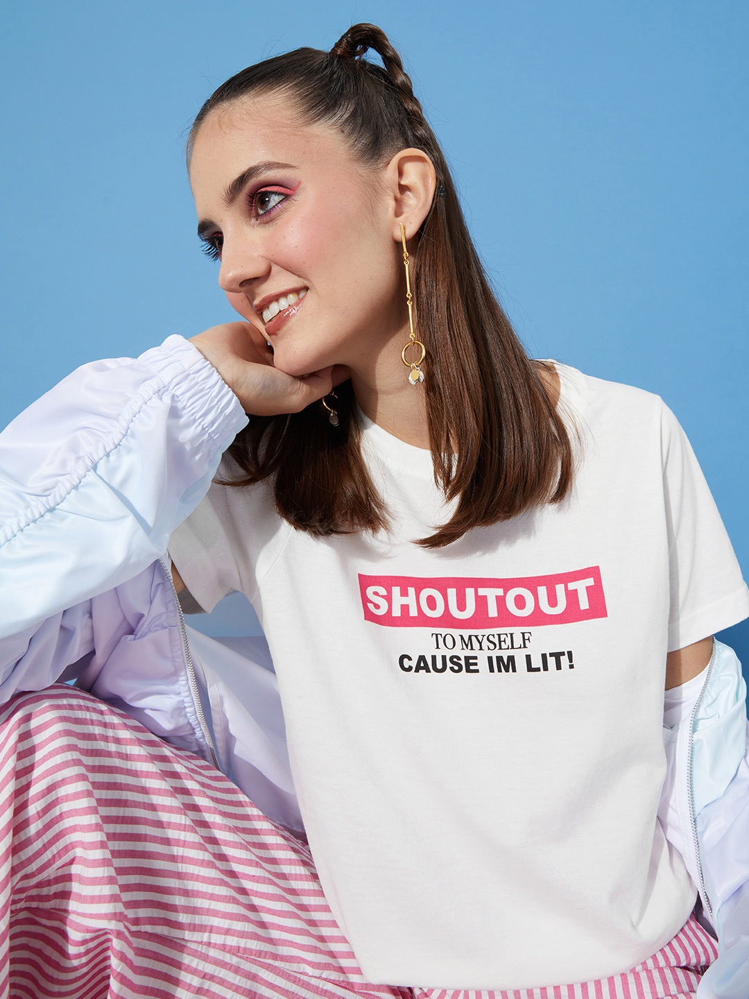 

HERE&NOW Women White Typography Printed Short Sleeves T-shirt