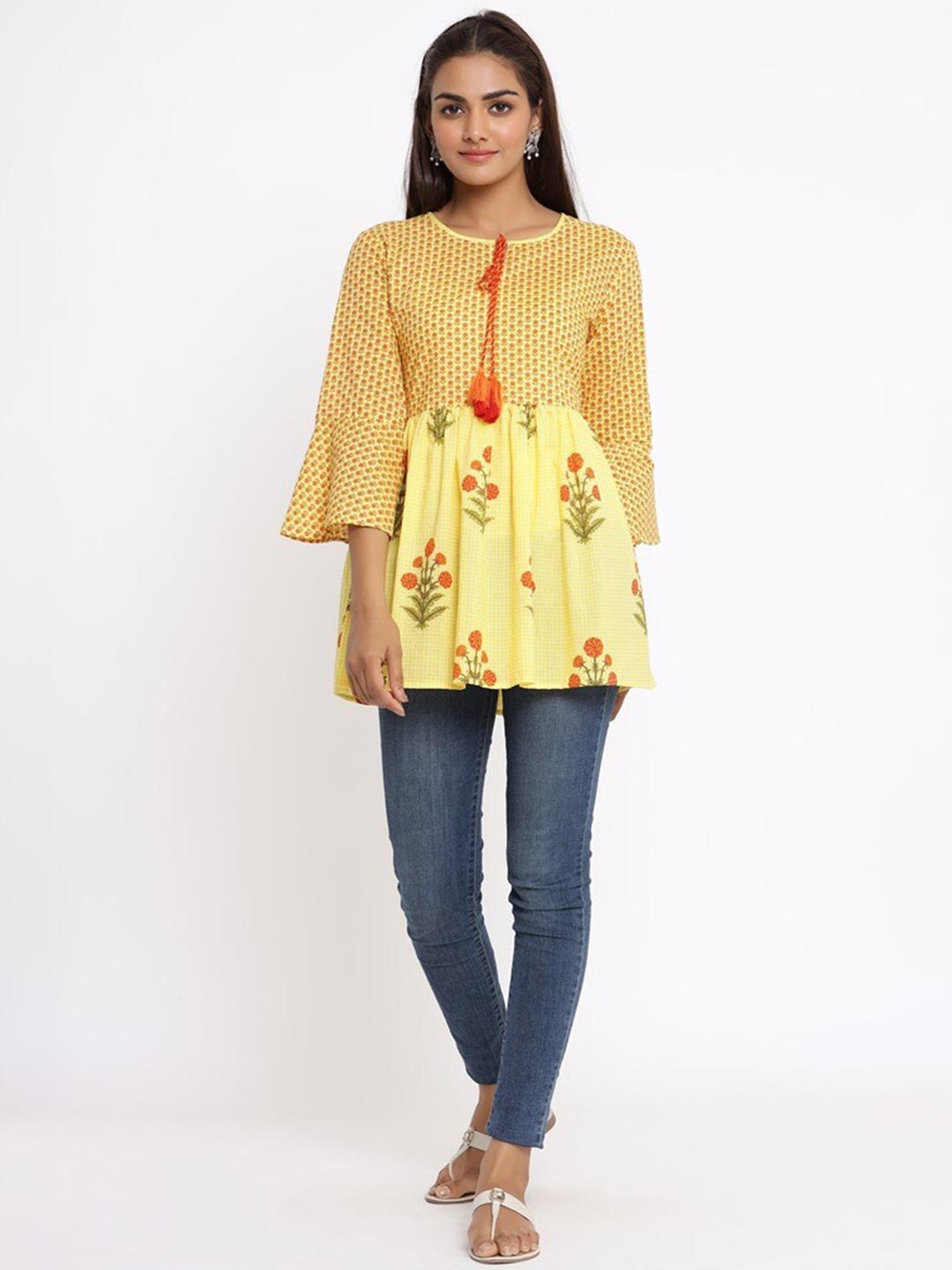 

FABRIC FITOOR Yellow Floral Print Tie-Up Neck Empire Pure Cotton Top