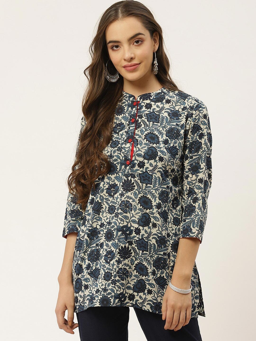 

FABRIC FITOOR Blue & Beige Floral Print Mandarin Collar Top