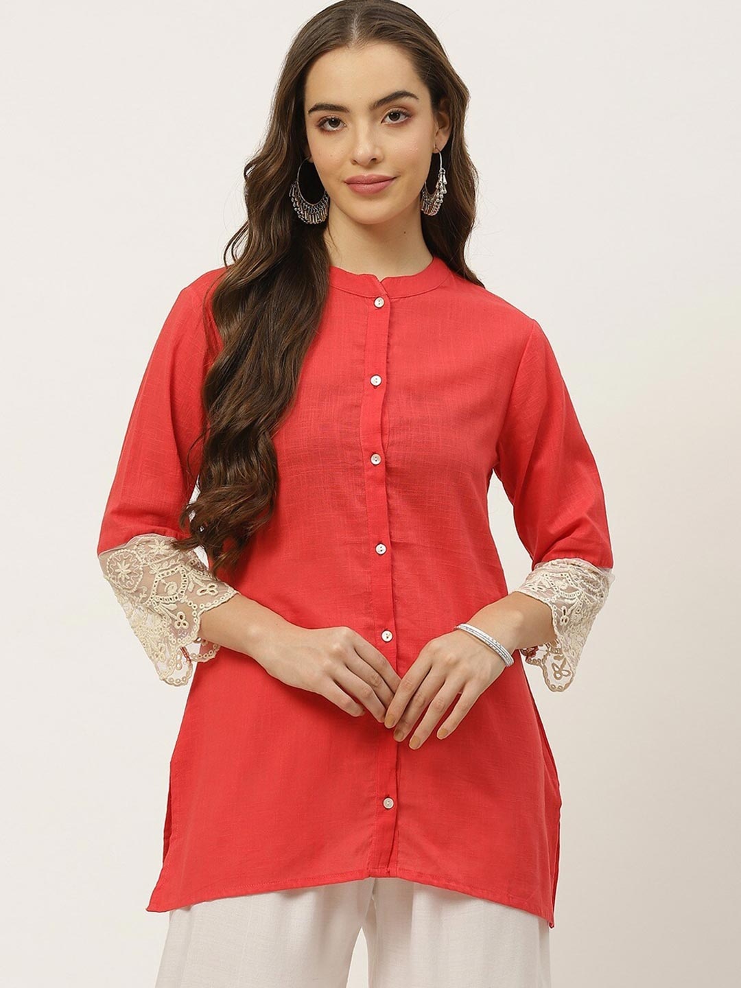 

FABRIC FITOOR Coral Mandarin Collar Shirt Style Top
