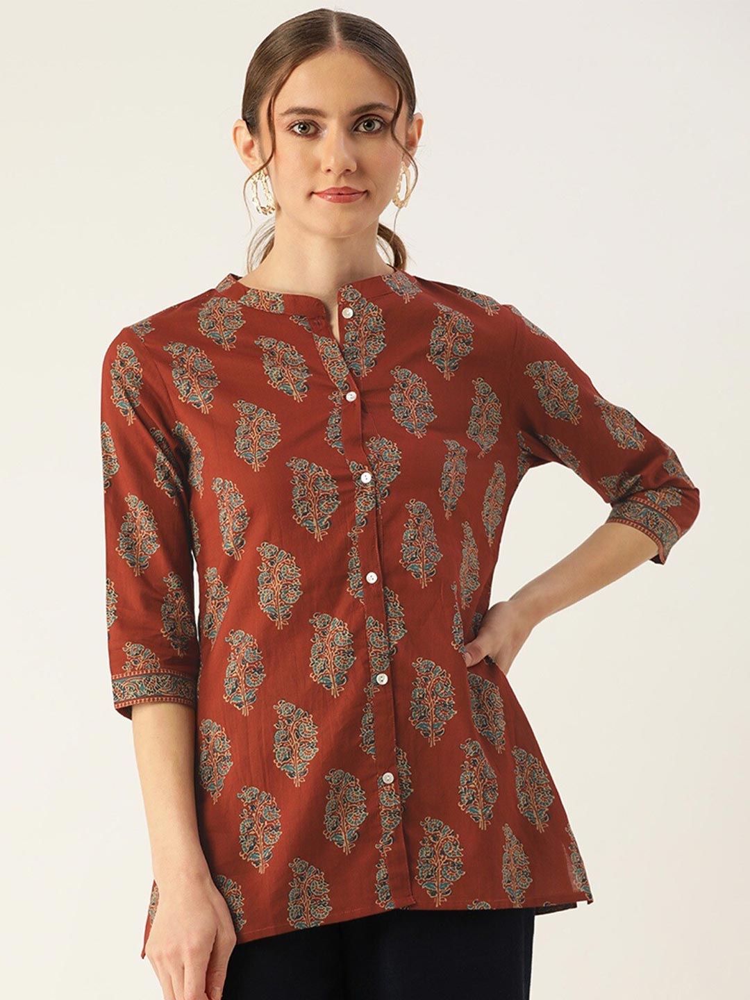 

FABRIC FITOOR Maroon Print Mandarin Collar Shirt Style Top