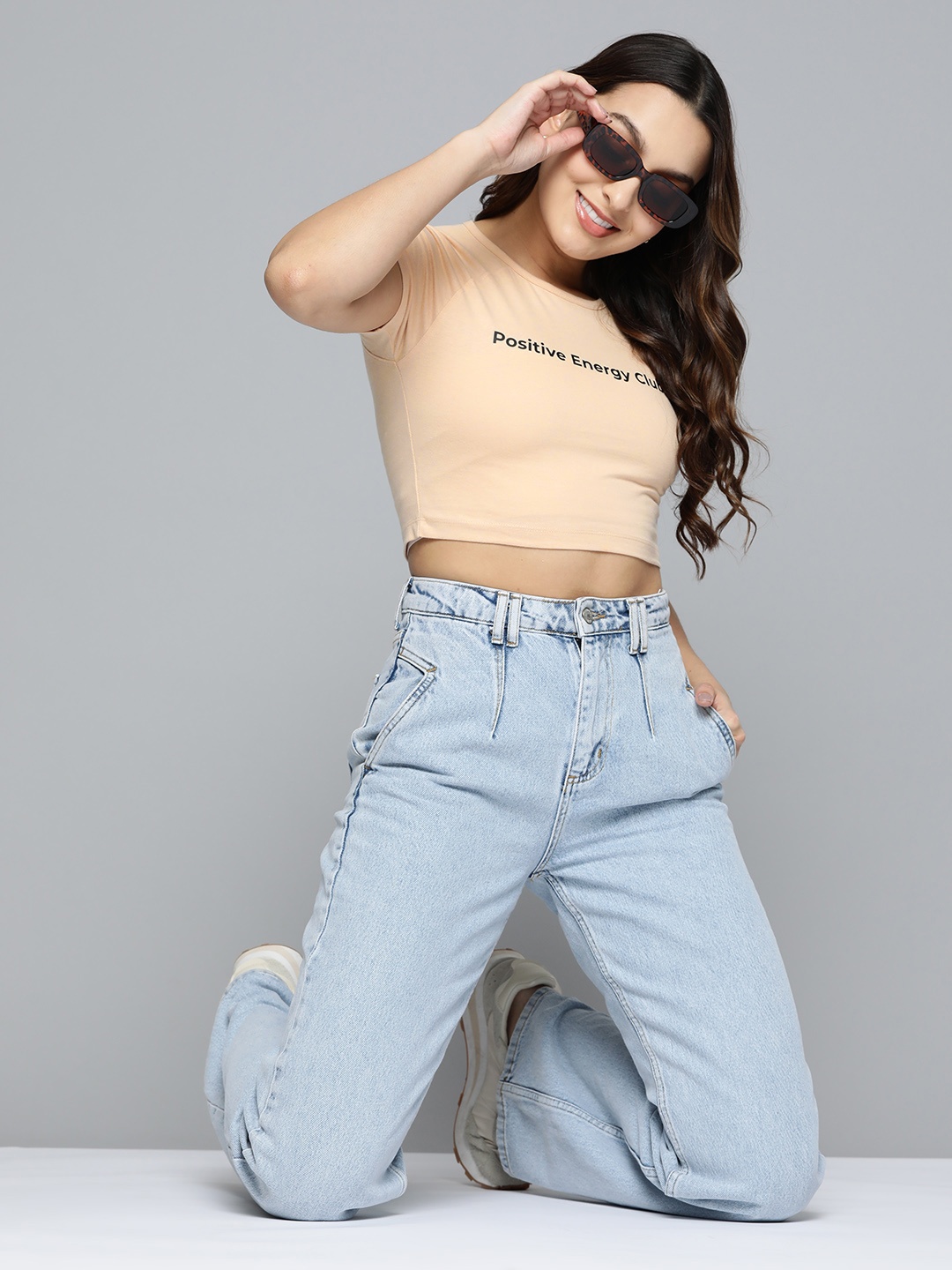 

HERE&NOW Typography Printed Raglan Sleeves Crop T-shirt, Peach
