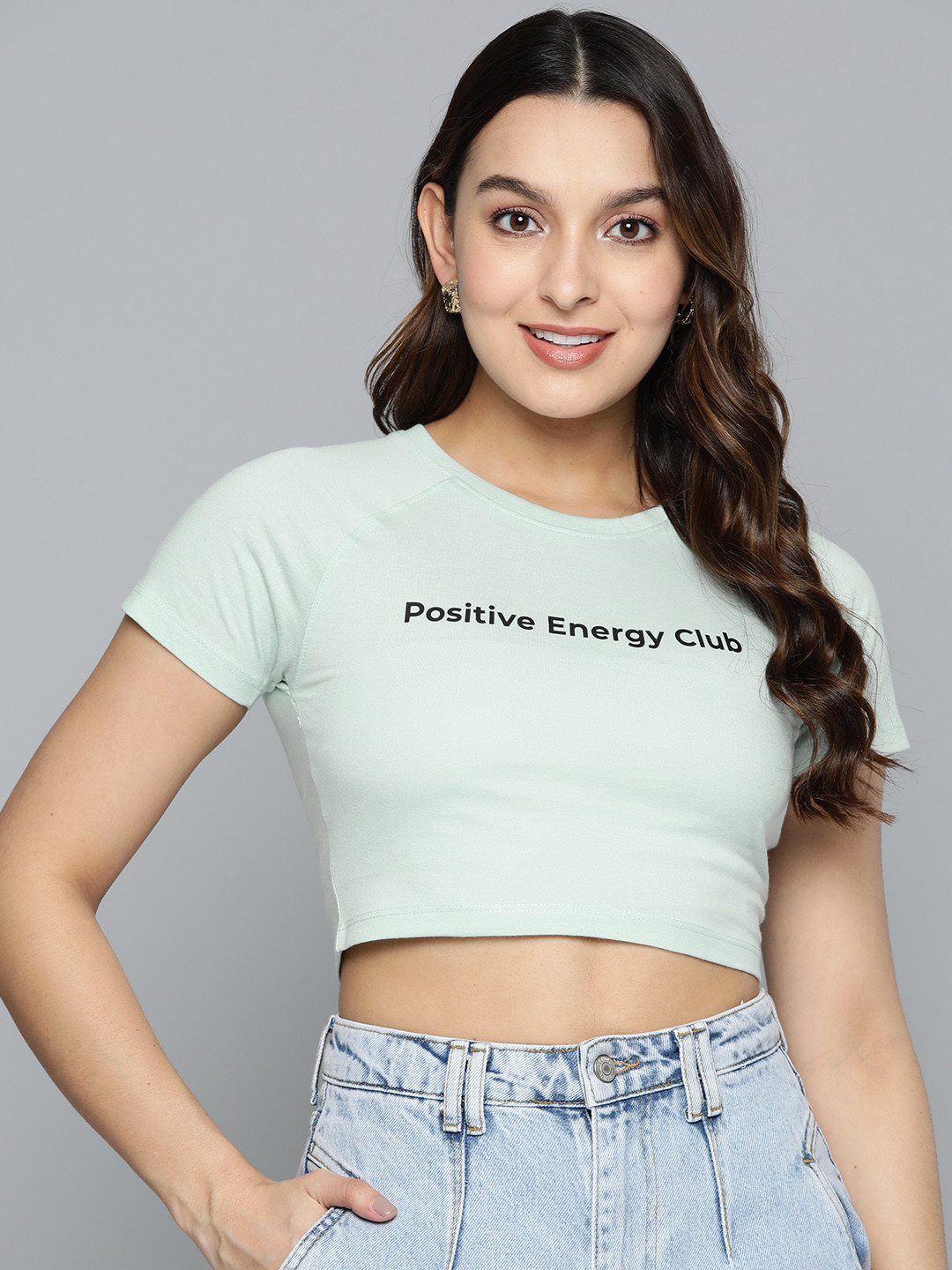 

HERE&NOW Typography Printed Raglan Sleeves Crop T-shirt, Blue