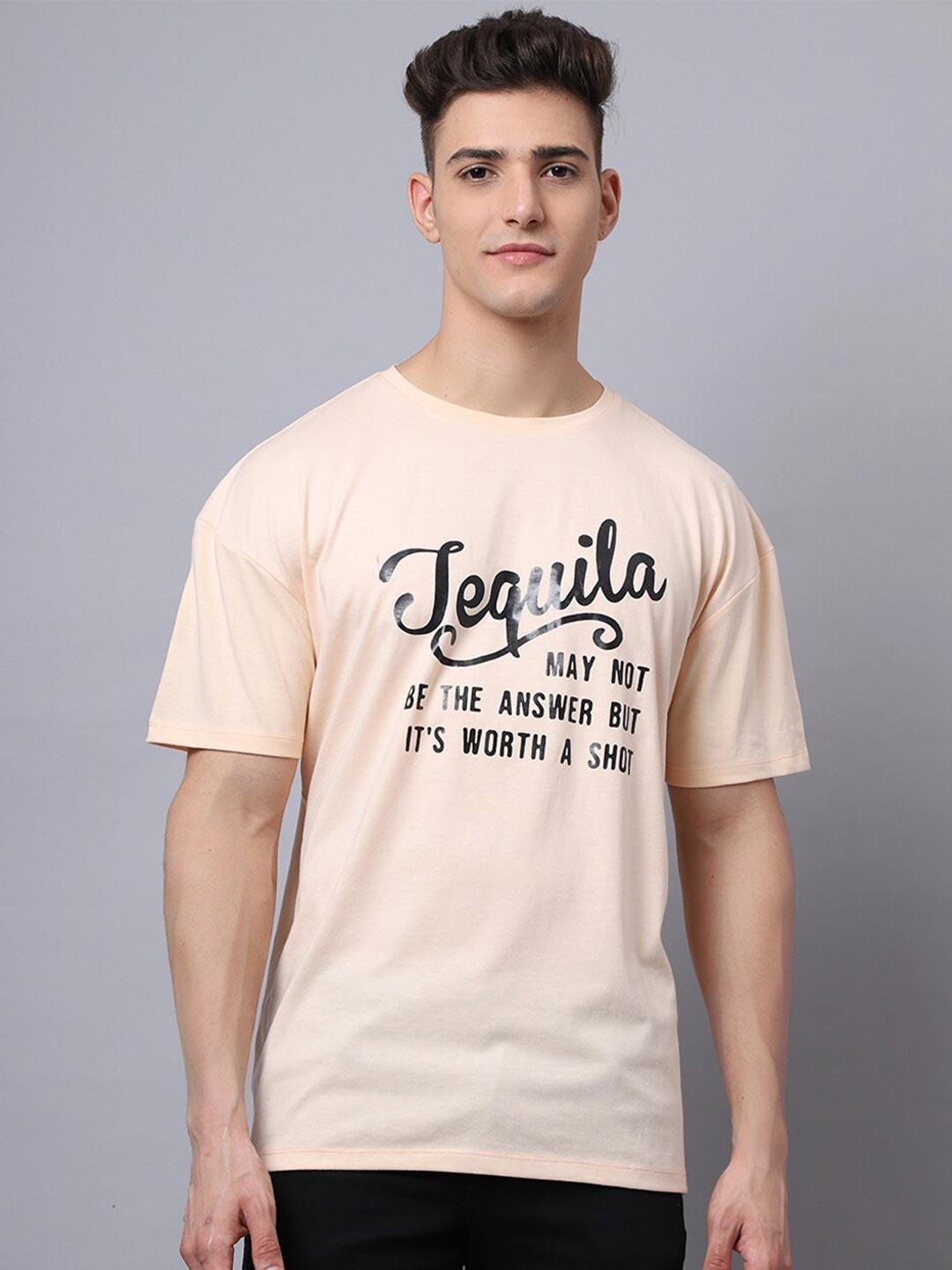 

DOOR74 Men Pink Typography Printed Pure Cotton Loose T-shirt