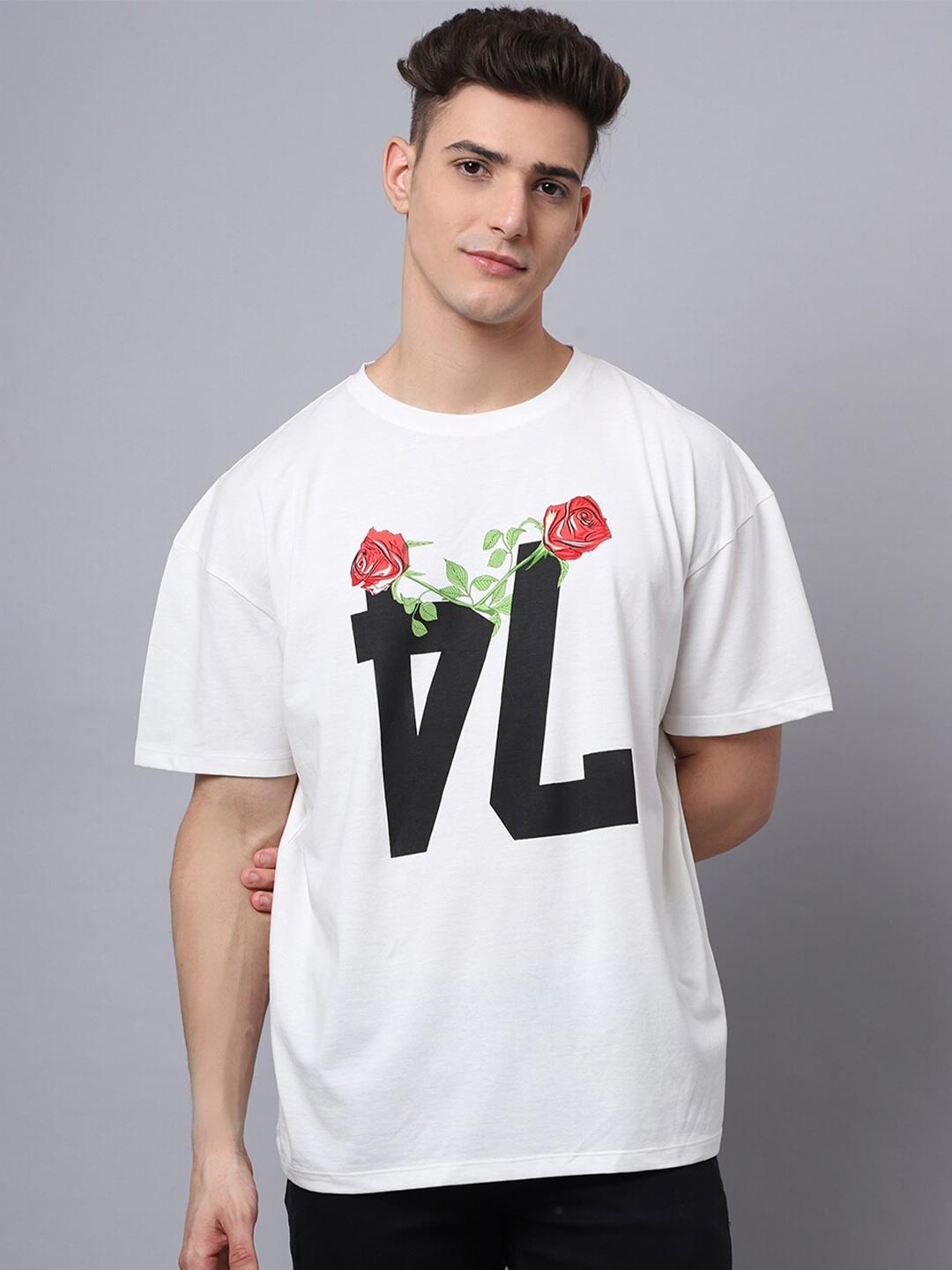 

DOOR74 Men Off White Typography Printed Pure Cotton Oversized T-shirt