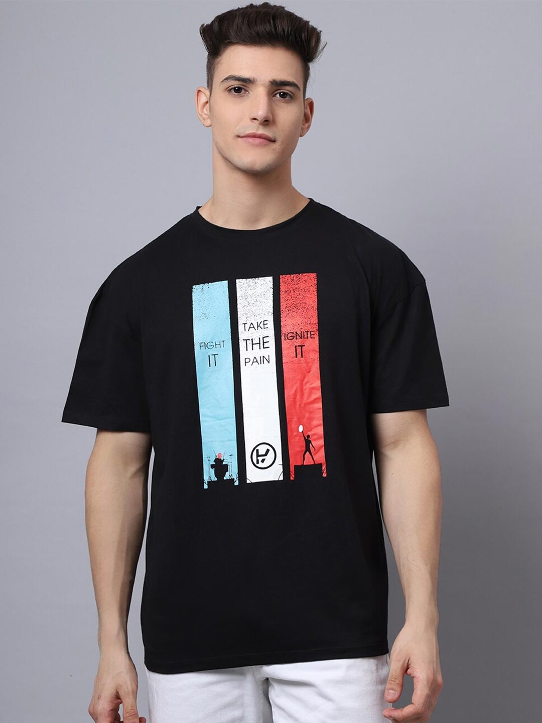 

DOOR74 Men Black Typography Printed Oversized T-shirt