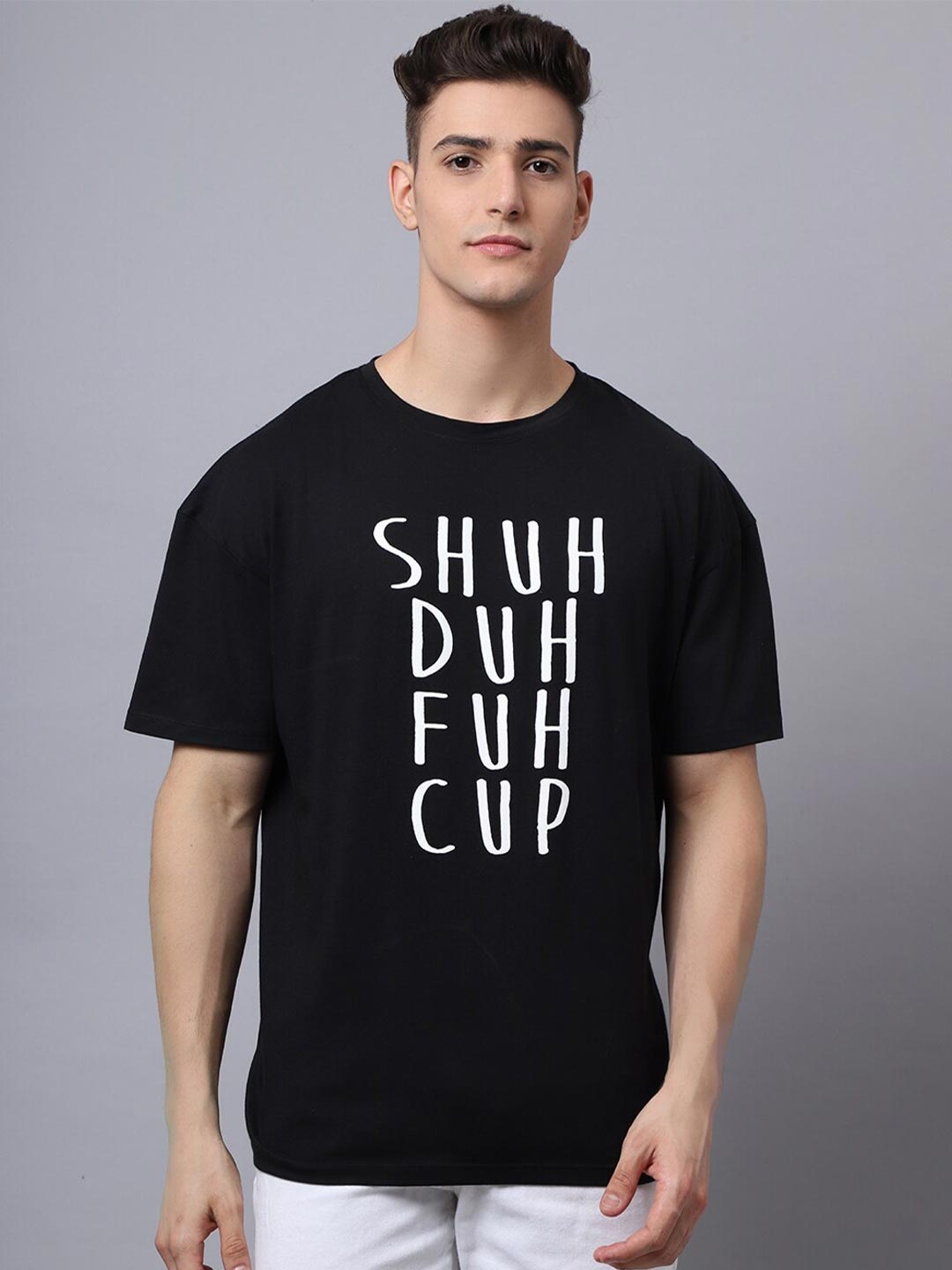 

DOOR74 Men Black & White Typography Printed Loose T-shirt