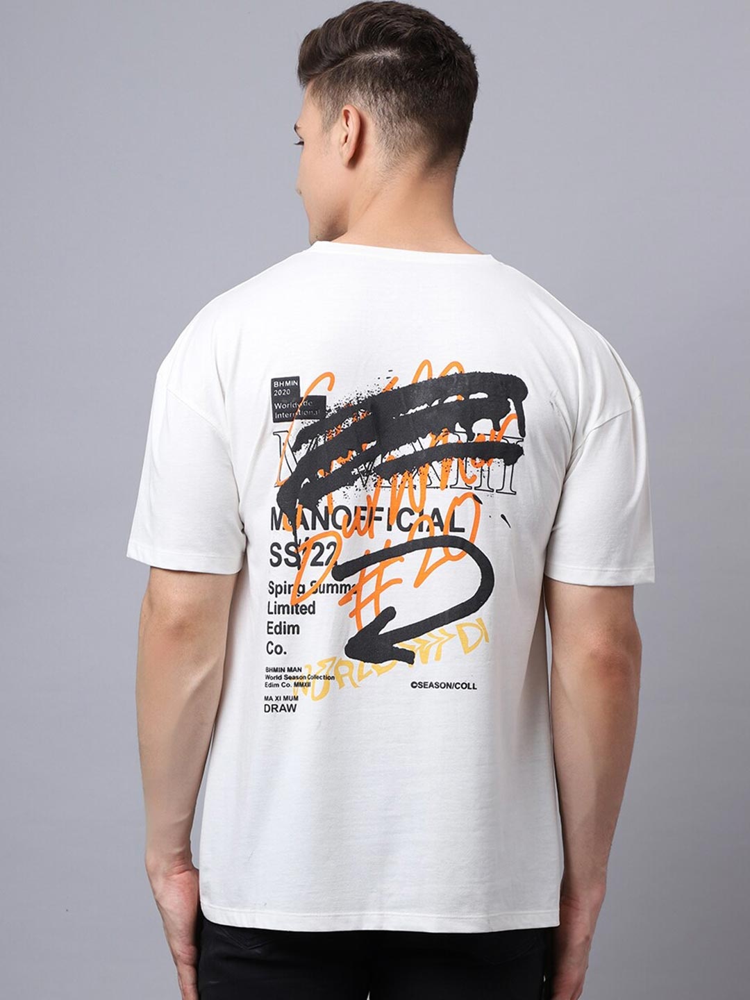 

DOOR74 Men Off White Printed Loose T-shirt
