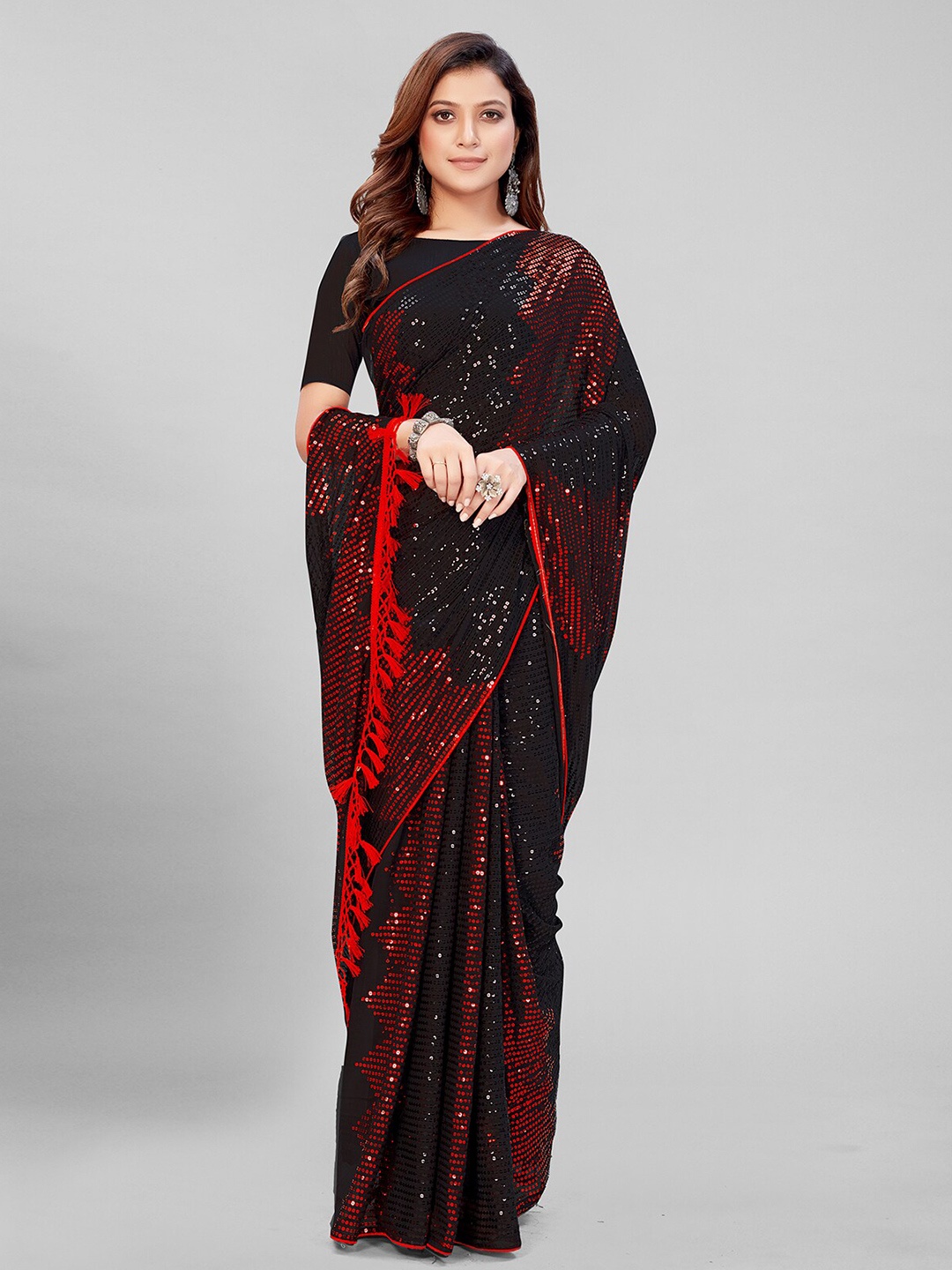 

Mitera Black & Red Embellished Sequinned Pure Georgette Saree
