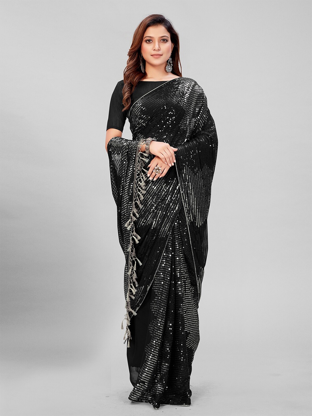 

Mitera Black Embellished Sequinned Pure Georgette Saree