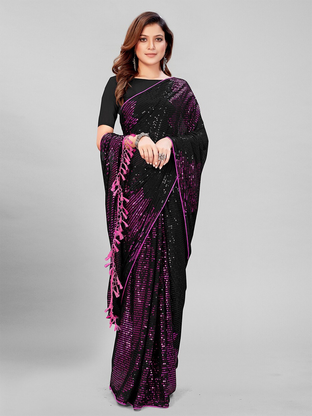 

Mitera Black & Purple Embellished Sequinned Pure Georgette Saree