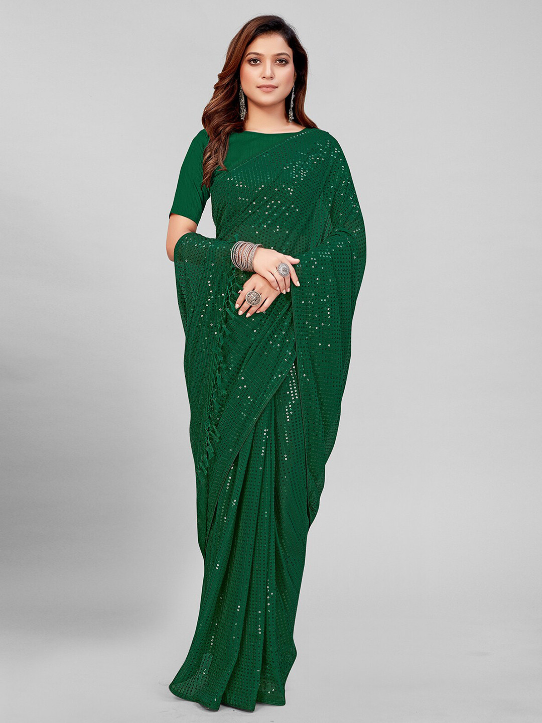 

Mitera Green Embellished Sequinned Pure Georgette Saree