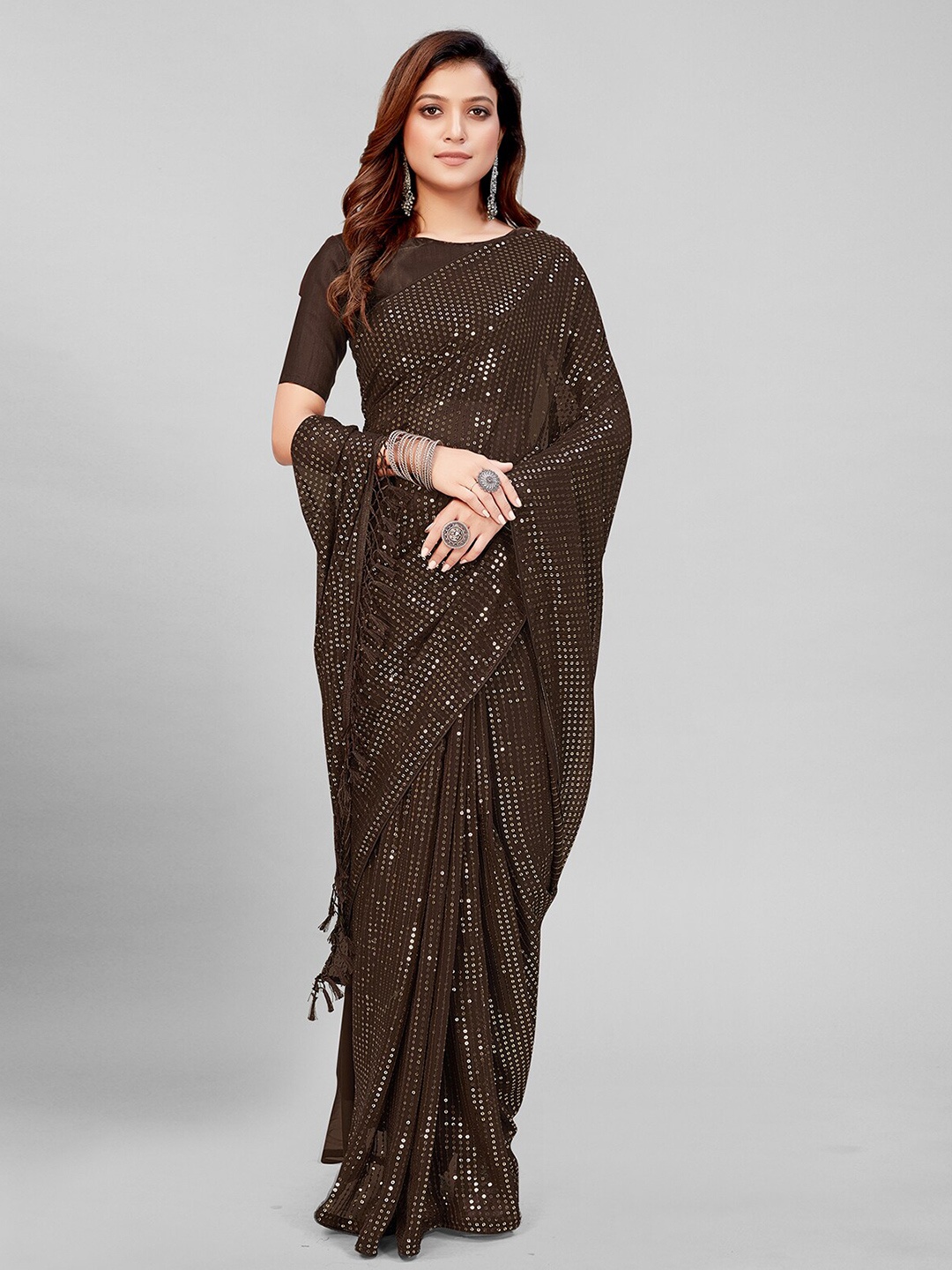 

Mitera Brown Embellished Sequinned Pure Georgette Saree