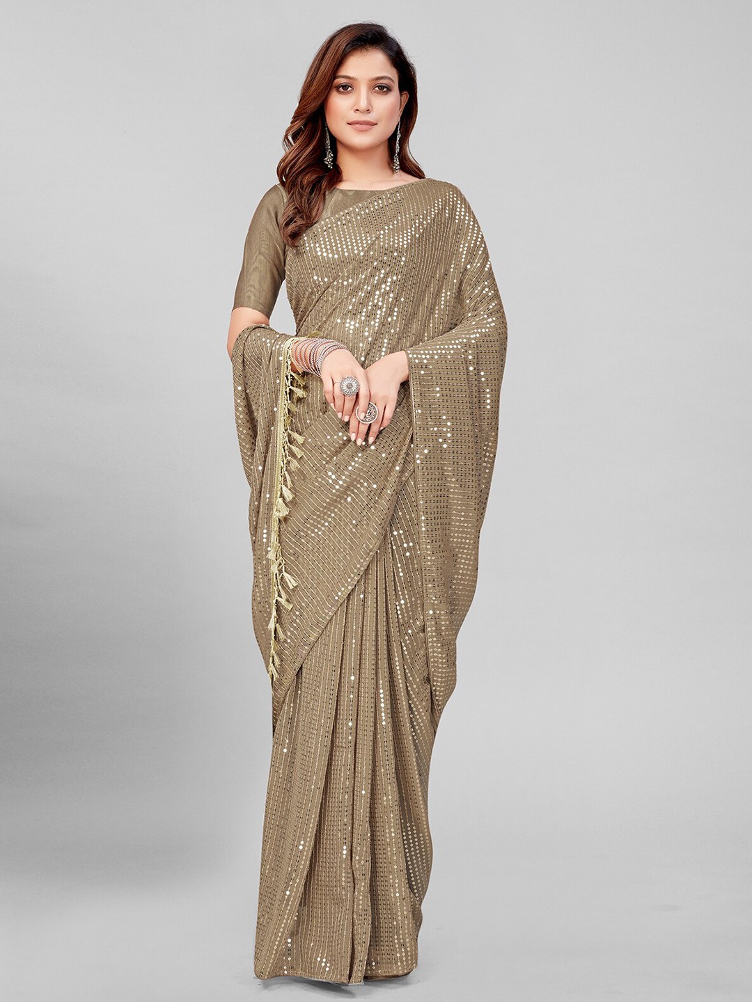 

Mitera Beige Embellished Sequinned Pure Georgette Saree